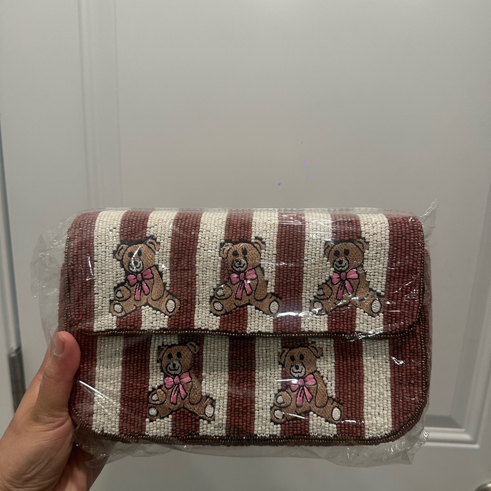 Viral Beaded Shoulder Bag Brown Stripe Coquette Teddy Bear Bow Theme NWT - Picture 4 of 4